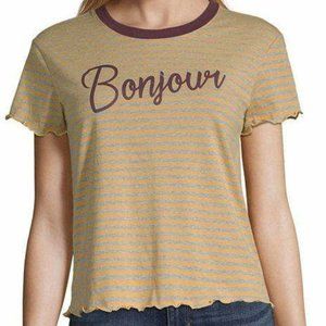 Women's Juniors Hybrid Tees "Bonjour" Striped Tee Size: XL, Grey/Yellow
